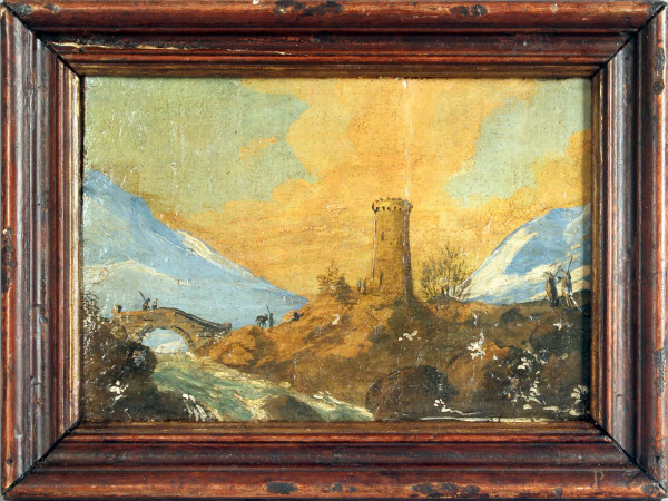 Alessio De Marchis - Paesaggio con torre, olio su tela, cm. 14,5x21,5, entro cornice.