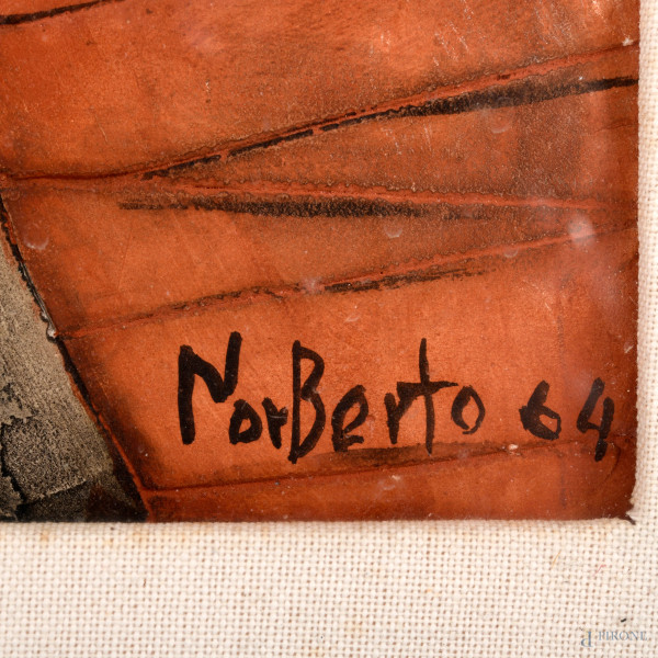Norberto Proietti (Spello, 1927 – Spello, 2009),Maternità, olio su tavola, cm 71x42,5 entro corni...