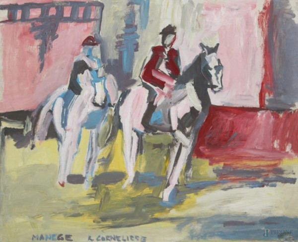 Figure a cavallo, olio su cartone, cm. 60x50, firmato.