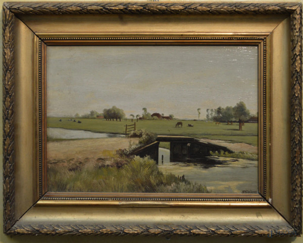 Paesaggio fluviale con ponticello, olio su tavola 41x29 cm, firmato