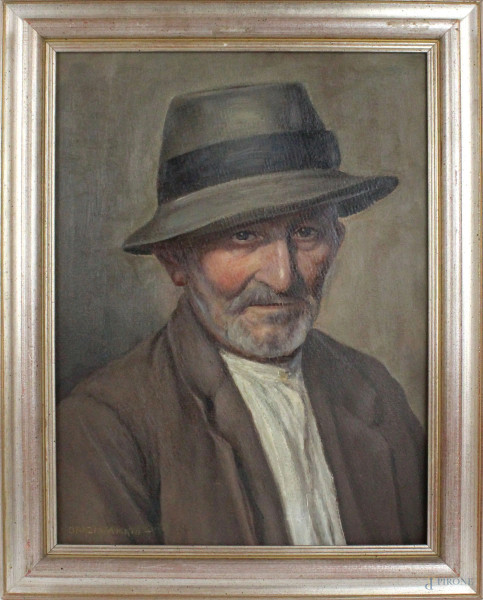Ritratto di anziano con cappello, olio su cartoncino, cm 45x33, firmato, entro cornice