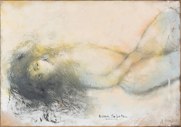 Anna Salvatore (1923-1978), Subliminal, tecnica mista su tela, cm 71x101, firmato e titolato in basso, (segni di usura)