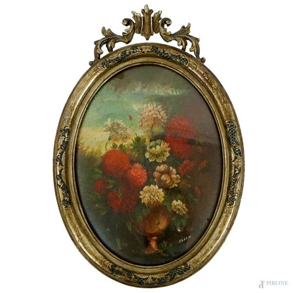 Vaso con fiori, olio su masonite, cm 23x16, firmato, entro cornice ad assetto ovale.