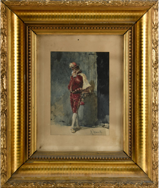 Attilio Simonetti, Personaggio in costume, acquerello su carta, cm 23,5x16 entro cornice, (difetti)