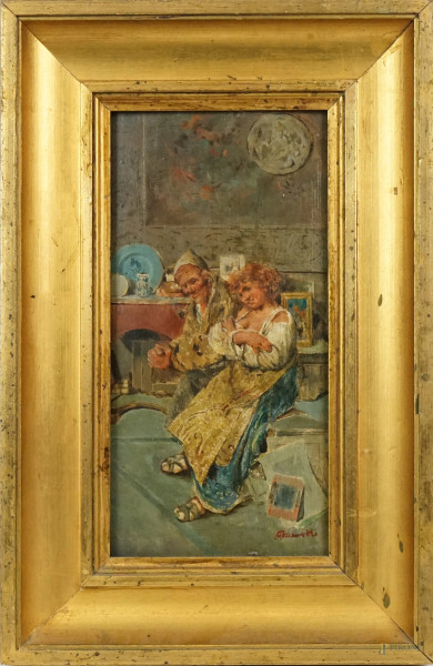 Tito Pellicciotti - Interno con figure, olio su tavola, cm 30x15,5, entro cornice
