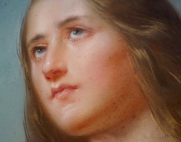 Fanciulla con lettera, pastello su carta, cm 86x62, entro cornice, (macchie)