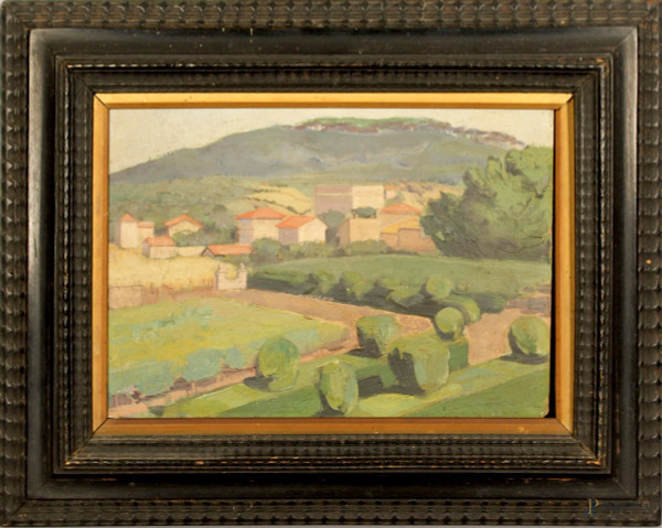 Paesaggio con case, olio su tavola, cm. 23x33,5, primi &#39;900, entro cornice.