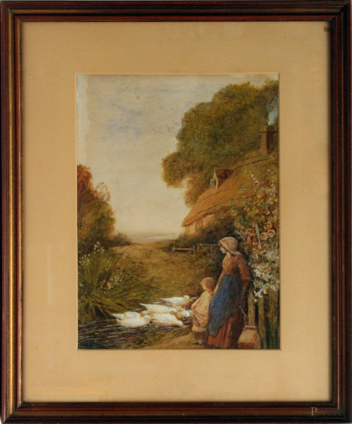 Paesaggio con figure e papere, acquarello su carta cm. 36x26, recante firma P. Chialira, entro cornice.