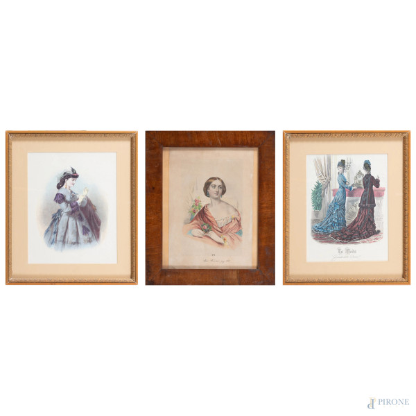 Lotto di 3 stampe di moda femminile, XX secolo, misure massime cm 35x30 compreso passepartout, entro cornice, (lievi segni di usura e ossidazione della carta)