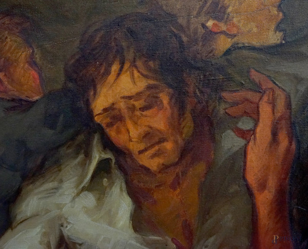 Lavoratori, olio su tela, firmato, cm 123.5x142