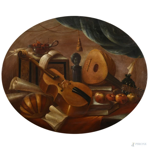 Scuola cremonese della fine del XVIII secolo, Natura morta con violino e mandolino, olio su tela ovale, cm 79x97,5, (difetti)