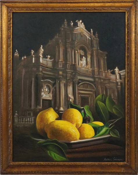 Limoni, olio su tela, cm 79x60, firmato Antonio Sciacca, entro cornice.