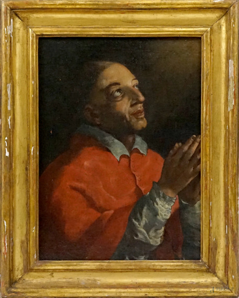 Pittore del XVII secolo, L'estasi di San Carlo Borromeo, olio su tela, cm 62,5x50,5, entro cornice, (piccola caduta di colore)