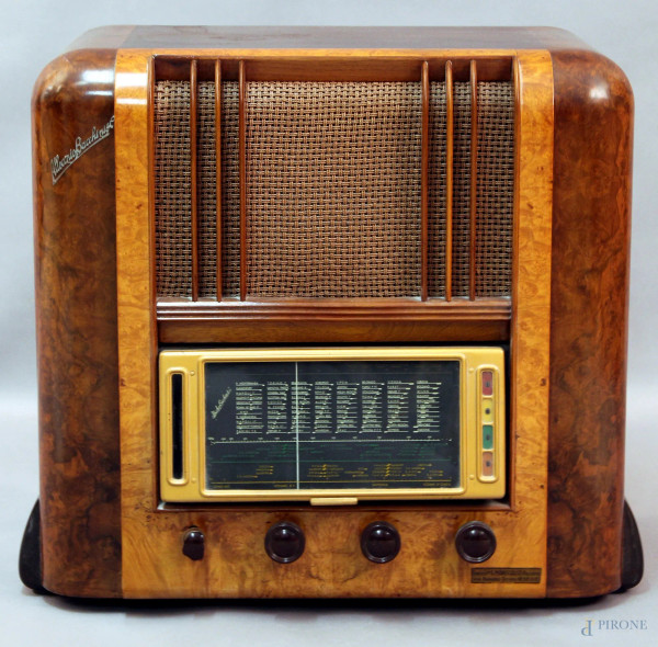 Radio Allocchio Bacchini, cassa in radica di tuia, altezza 50x55x32 cm, anni &#39;30.