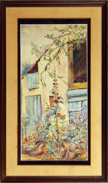 Esterno di casa con fiori, acquarello su carta, cm. 55x27, firmato A. Zanichelli, entro cornice.