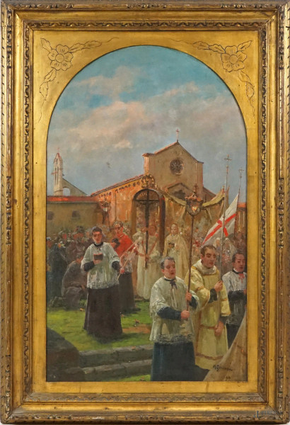 La processione, olio su tela, cm 102,5x62, firmato M.Garinei, entro cornice