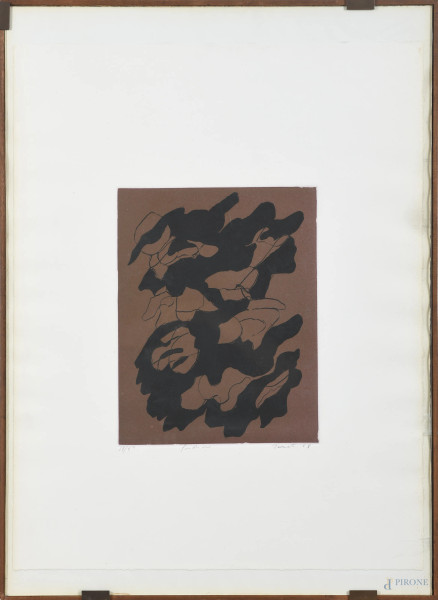 Giulio Turcato, 1968, Fondo oro, litografia su carta es. 18/50, cm 65x49,5, titolato e firmato in basso, entro cornice, (lievi segni di usura)
