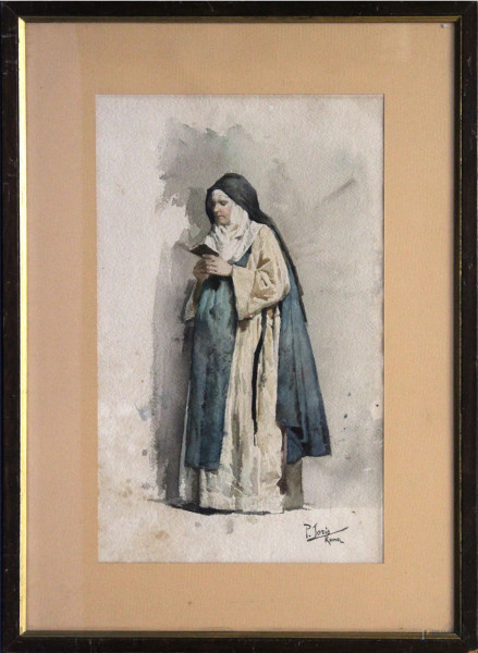 Ritratto di monaca, acquarello su cartoncino firmato, cm 19 x 34, entro cornice.