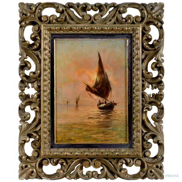 Marina al tramonto, XX secolo, olio su compensato, cm 36x26, firmato, entro cornice, (segni di usura, fessurazioni, difetti)