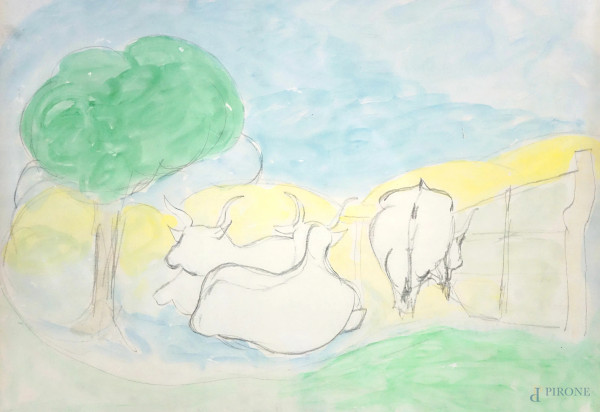 Paesaggio con mucche, tecnica mista su cartone, cm 45x70, entro cornice. In allegato autentica su...