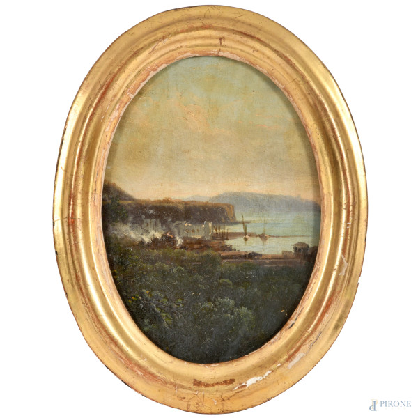 Golfo con imbarcazioni, XIX secolo, olio su tela applicata su tavoletta, cm 26x19, (ondulazioni della tela)