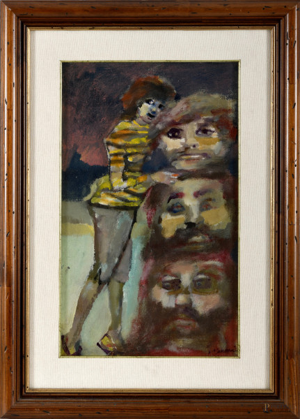 MINO MACCARI (SIENA, 1898 - ROMA, 1989) Figure, olio su cartone telato, firmato in basso a destra, cm 48x29, entro cornice