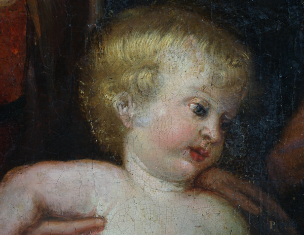 Scuola fiamminga del XVII-XVIII secolo, Riposo durante la fuga in Egitto, olio su tela, cm 110x16...