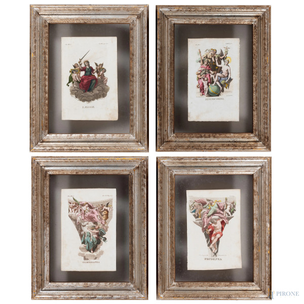 Quattro stampe raffiguranti allegorie delle Virtù, XIX secolo, cm 23x15,5, entro cornice, (segni di usura, tracce di umidità, lievi segni di piegatura, foxing)