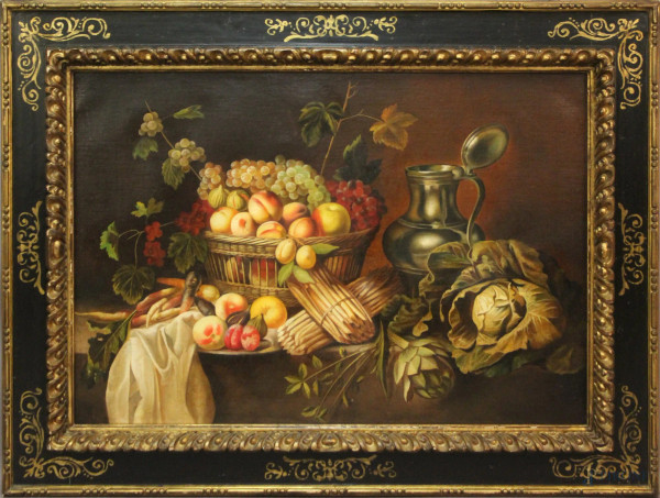 Natura morta, frutta e ortaggi, olio su tela, cm. 70x100, entro cornice.