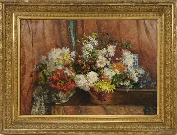 Vaso con fiori, olio su tela, cm 56,5x81, firmato Berthe Cuirblanc, entro cornice