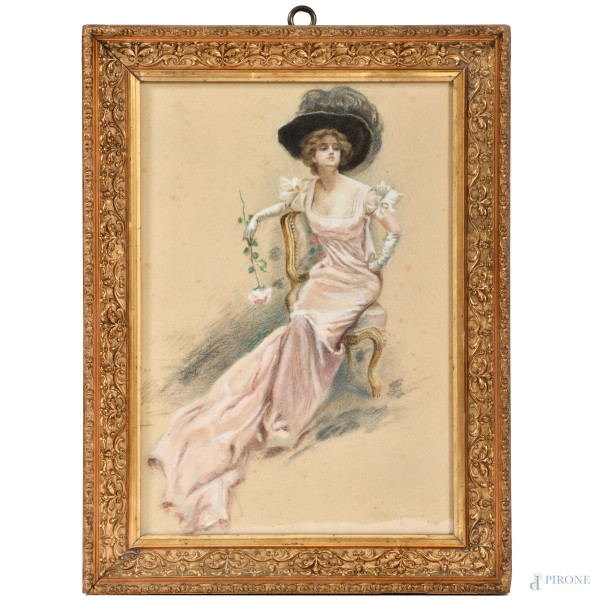 Nobildonna con rosa, XIX-XX secolo, tecnica mista su carta,  cm 38,5x26, entro cornice, firmato in basso a destra