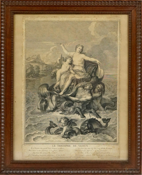 Le Triomphe de Venus, incisione, cm 51,5x35, incisore Charles Simonneau (ante 1645/ 1728), XVIII secolo, entro cornice, (difetti)