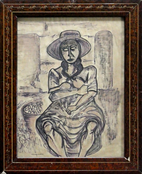 Donna con cappello, disegno a tecnica mista su carta, cm 40x29, firmato in basso a sinistra, entro cornice.