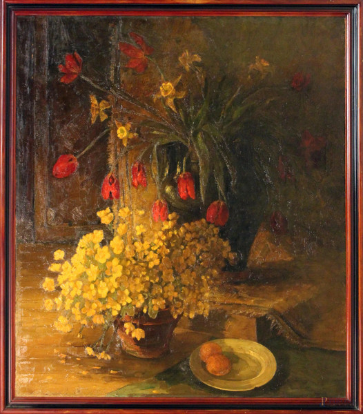 Natura morta vaso con fiori olio tela 114x103 entro cornice firmato