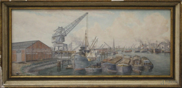Porto di Rotterdam, acquarello su carta, 36x81 cm, entro cornice firmato e datato