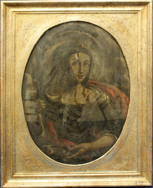 Madonna, olio su tavola ad assetto ovale 62x45 cm, Italia centrale XVIII sec, entro cornice.