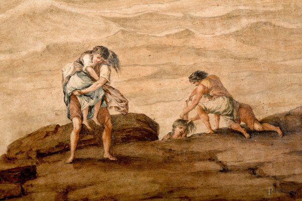 Pittore tedesco attivo in Italia nel XVIII secolo, Il naufragio, tecnica mista su ardesia, cm 56x...