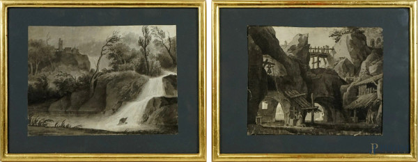 Jean-Antoine Costantin detto Costantin d'Aix (1756-1844) attribuito a., Coppia di paesaggi, acquarello su carta, cm 15x21,entro cornice.