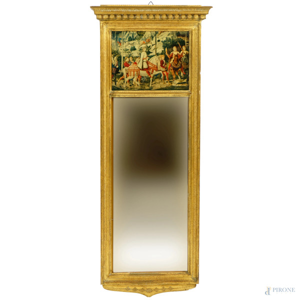Specchiera in legno intagliato e dorato, XX secolo, cm 80,5x32,5