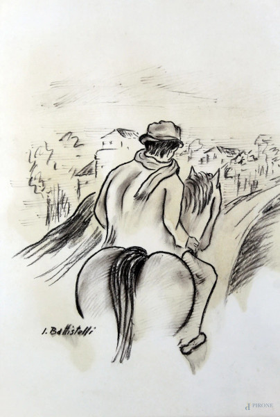 Uomo a cavallo, disegno a carboncino su carta, cm 48x33, firmato I. Battistelli, entro cornice