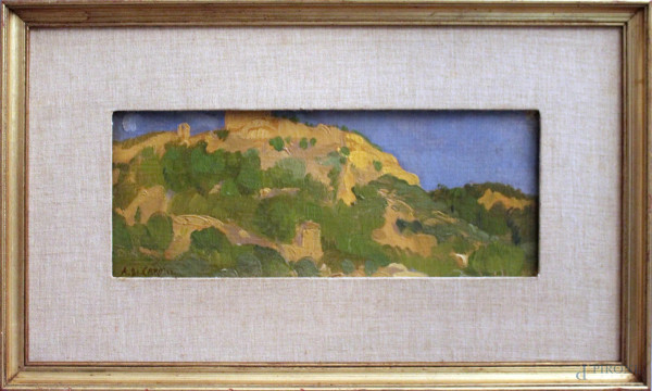 Adolfo De Carolis - Paesaggio di Grottammare, olio su cartone telato, cm 14 x 34.