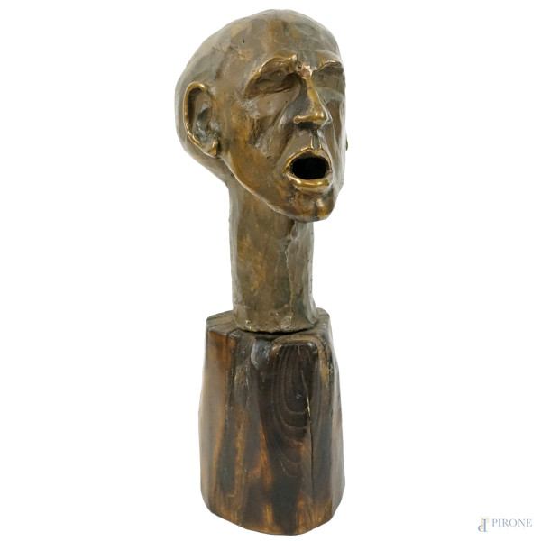 Pascal Papisca - Testa, scultura in bronzo, cm h 25, base in legno