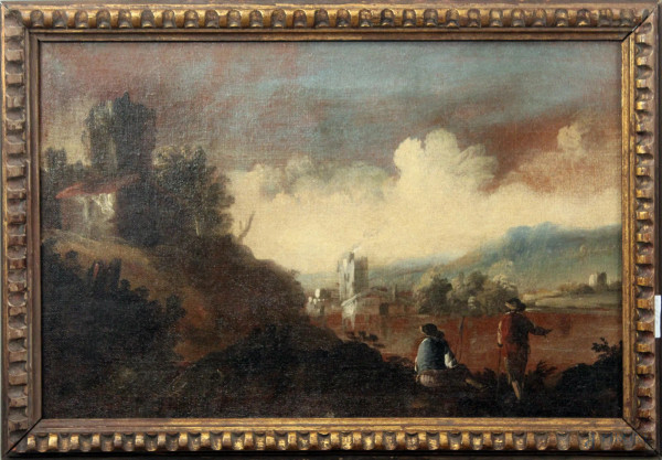 Paesaggio con figure su sfondo rovine, dipinto del XVIII sec, di scuola veneta ad olio su tela, cm 35x53 cm, entro cornice