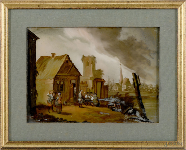 Esterno di taverna olandese, dipinto sotto vetro, cm 17x24, XIX secolo, (difetti)