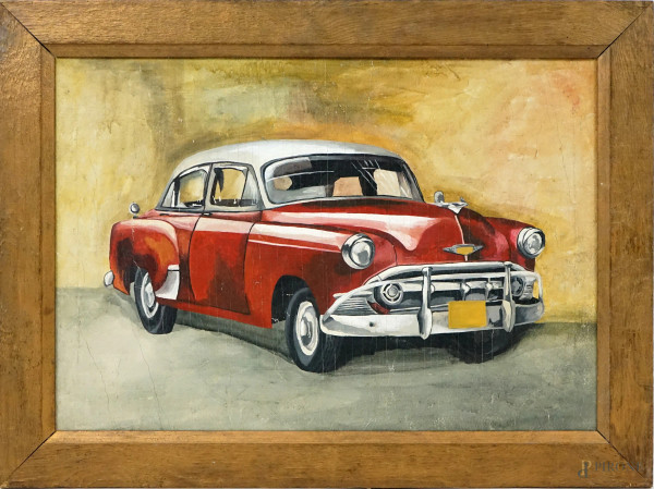 Cadillac Havana, olio su tela, cm 45,5x65, seconda metà XX secolo, entro cornice.