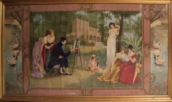 Scena di corte con pittore e modelle, tempera su carta 192x96 cm, entro cornice, periodo liberty.