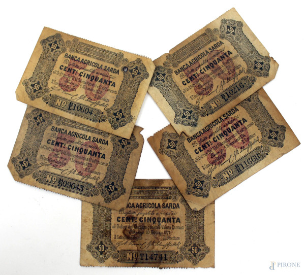 Lotto di cinque cartamonete da centocinquanta lire della Banca Agricola Sarda 1872