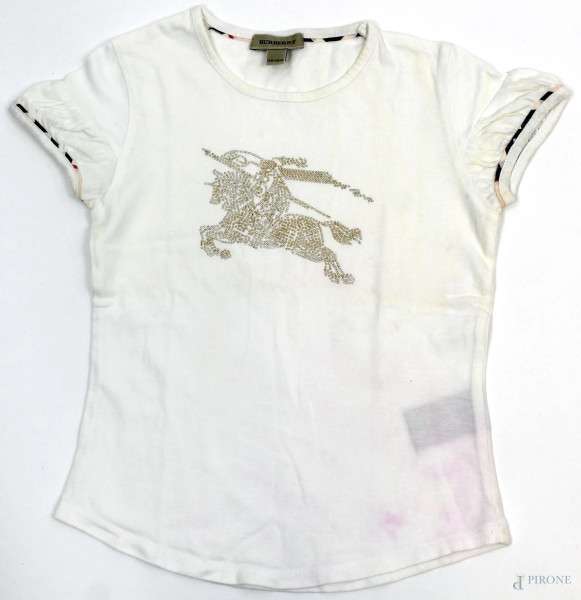 Burberry, maglietta a maniche corte bianca da bambina, fantasia a piccole borchie, taglia 10 anni, (difetti).
