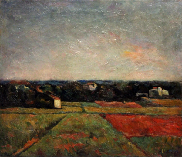 Paesaggio con campi, olio su tela, 70x80 cm, entro cornice firmato Renato Cristiano