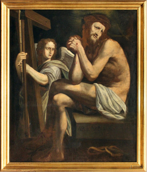 Alessandro Bonvicino detto Moretto (attrib.), Cristo in preghiera, olio su tela 112x95 cm, XVI sec, entro cornice coeva